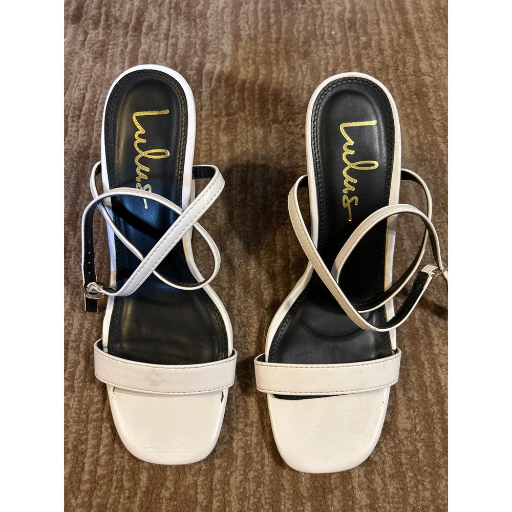 Lulus White Heels Ankle Strap Block Heel Sandals‎ Minimalist Size 7